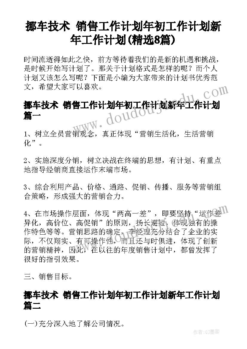 挪车技术 销售工作计划年初工作计划新年工作计划(精选8篇)