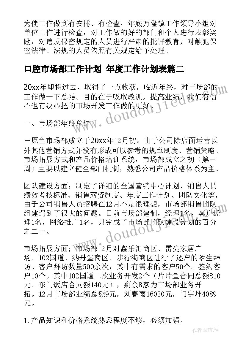 口腔市场部工作计划 年度工作计划表(精选7篇)