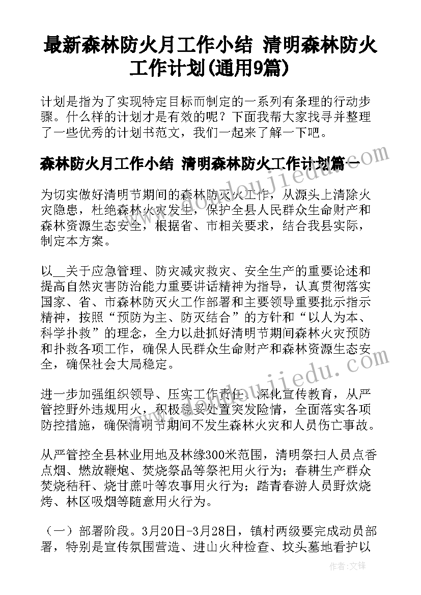 最新森林防火月工作小结 清明森林防火工作计划(通用9篇)