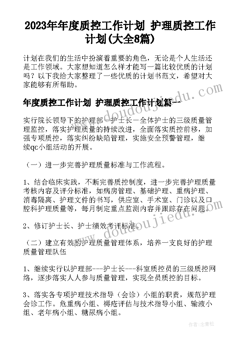 2023年年度质控工作计划 护理质控工作计划(大全8篇)