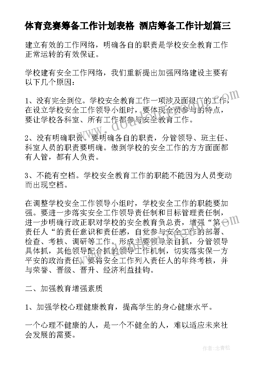 2023年体育竞赛筹备工作计划表格 酒店筹备工作计划(实用9篇)