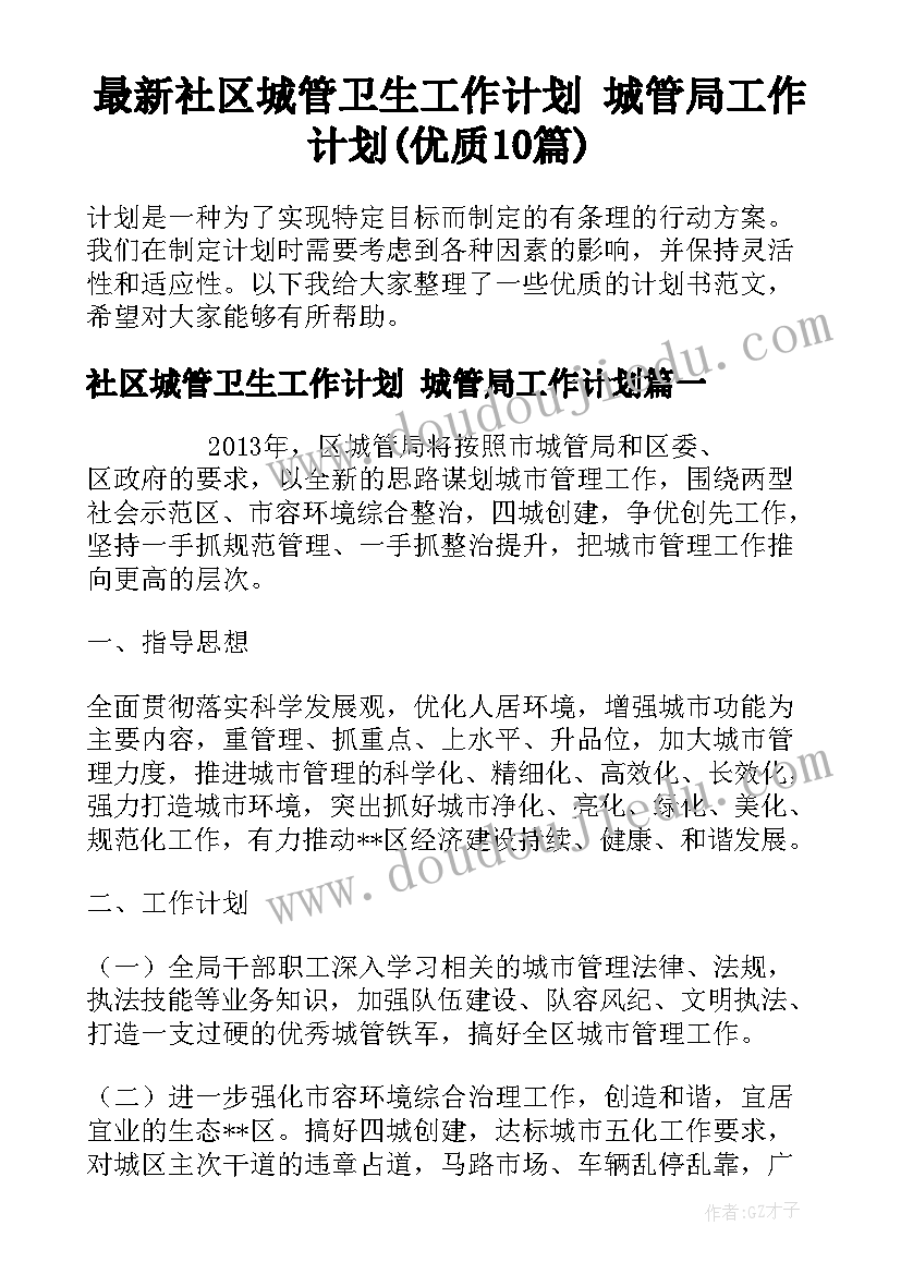 最新社区城管卫生工作计划 城管局工作计划(优质10篇)