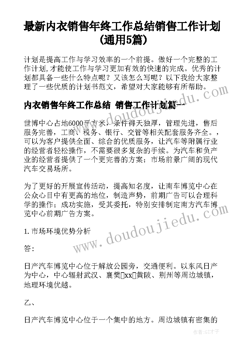 最新内衣销售年终工作总结 销售工作计划(通用5篇)