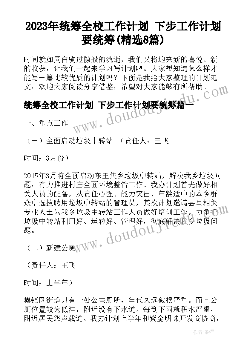 2023年统筹全校工作计划 下步工作计划要统筹(精选8篇)