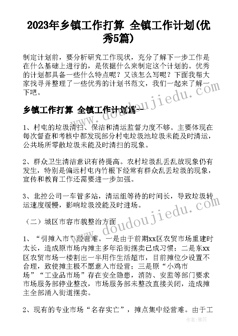 2023年乡镇工作打算 全镇工作计划(优秀5篇)