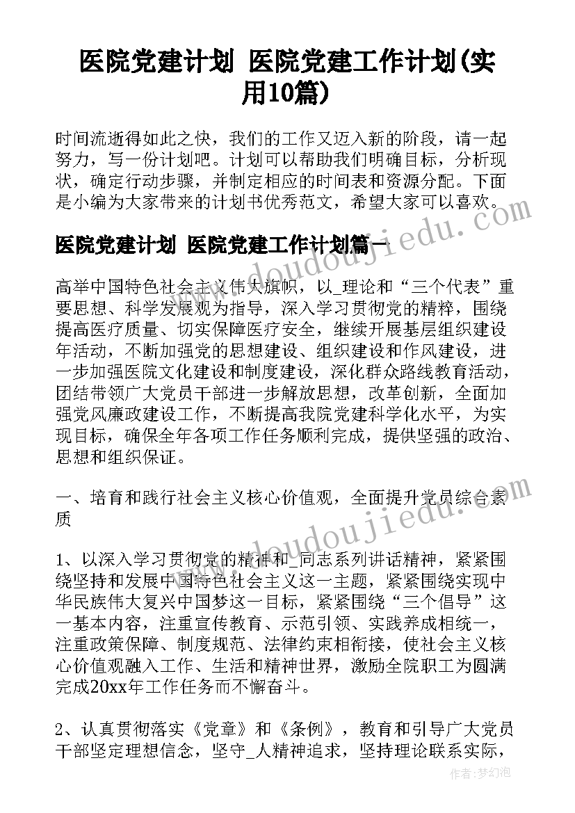 医院党建计划 医院党建工作计划(实用10篇)