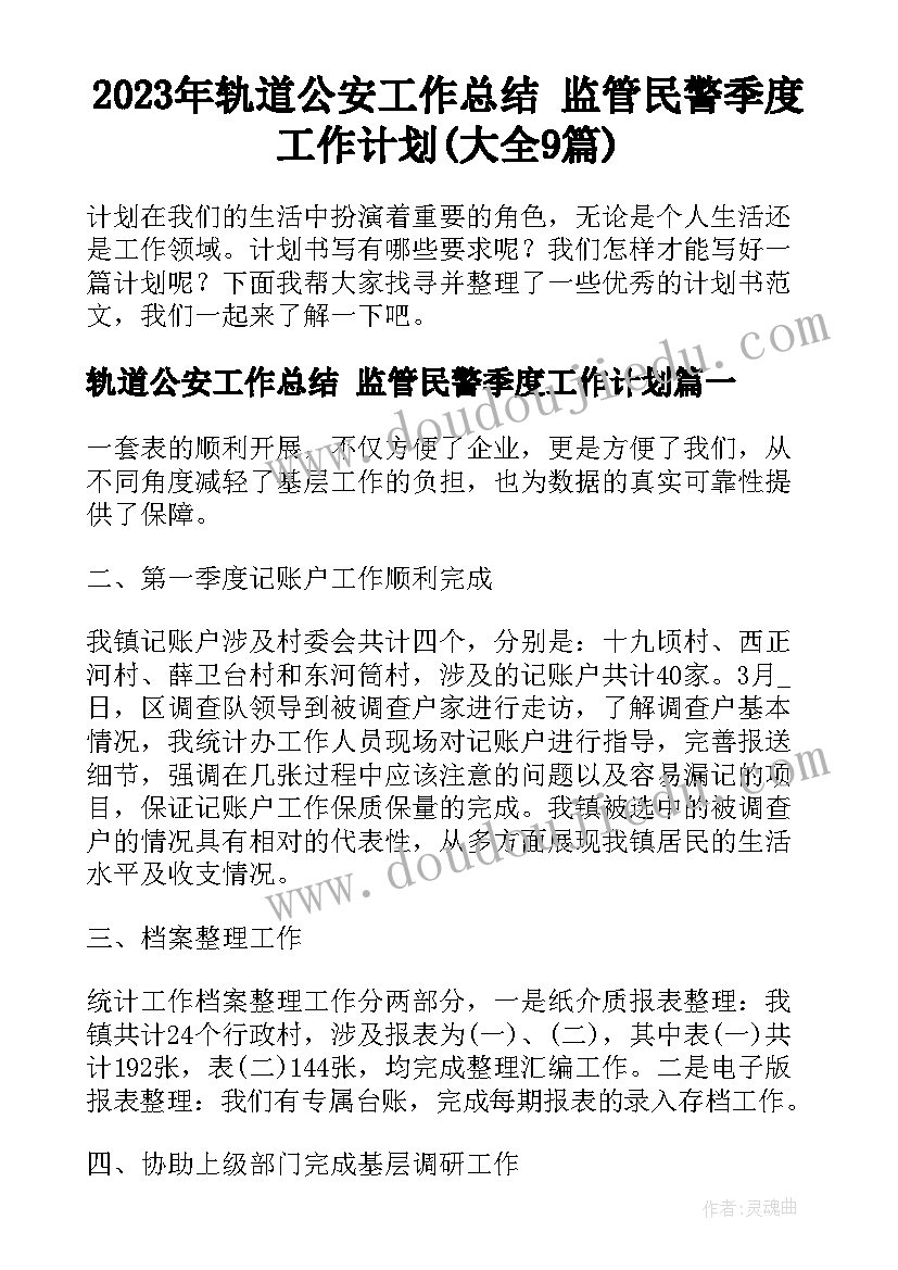 2023年轨道公安工作总结 监管民警季度工作计划(大全9篇)