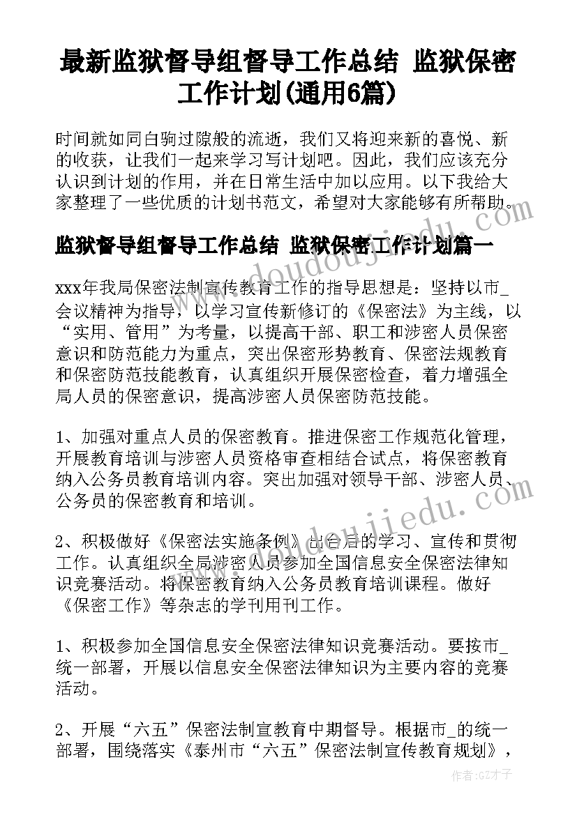 最新监狱督导组督导工作总结 监狱保密工作计划(通用6篇)