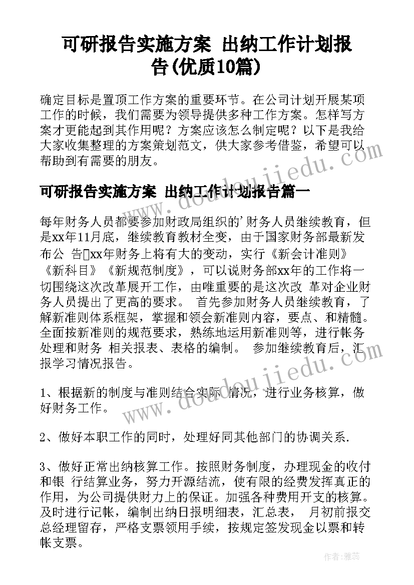 可研报告实施方案 出纳工作计划报告(优质10篇)