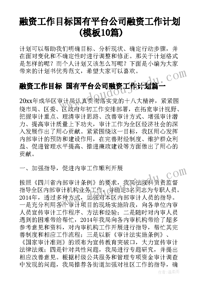 融资工作目标 国有平台公司融资工作计划(模板10篇)