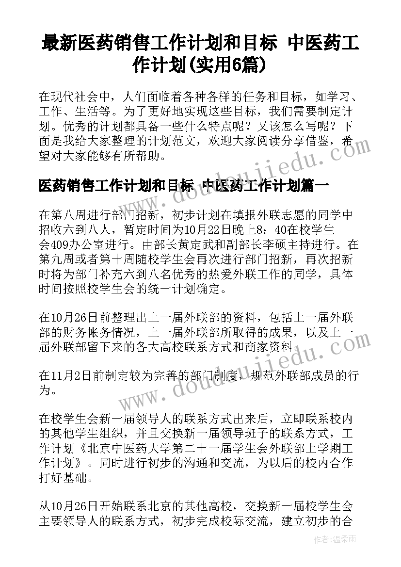 最新医药销售工作计划和目标 中医药工作计划(实用6篇)