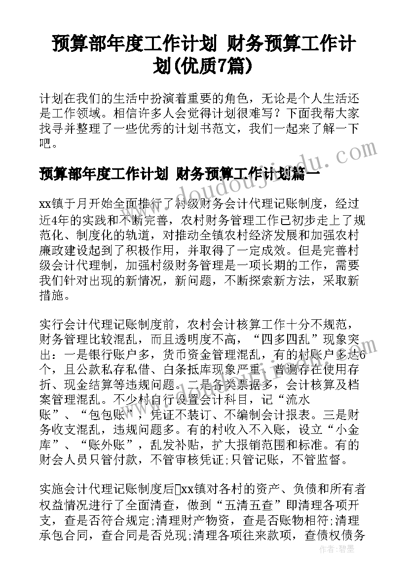 预算部年度工作计划 财务预算工作计划(优质7篇)