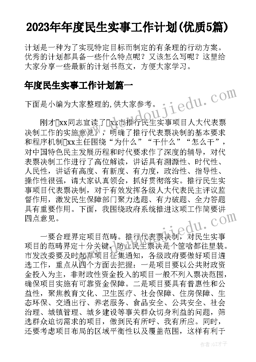 2023年年度民生实事工作计划(优质5篇)