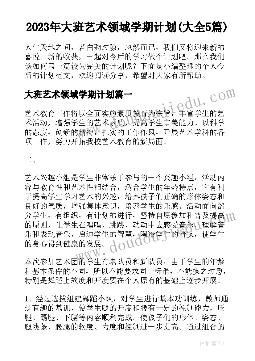 2023年大班艺术领域学期计划(大全5篇)