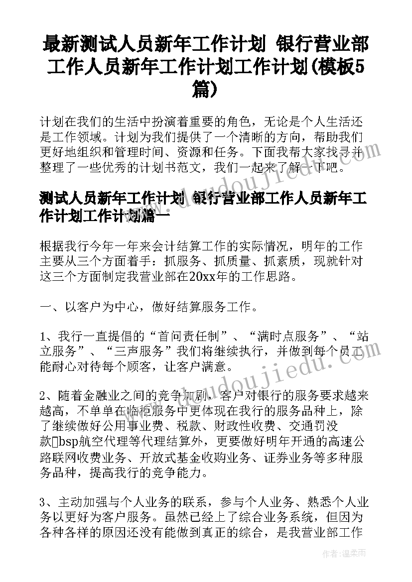 最新测试人员新年工作计划 银行营业部工作人员新年工作计划工作计划(模板5篇)