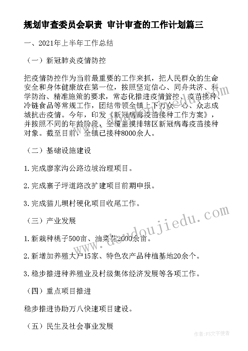 规划审查委员会职责 审计审查的工作计划(大全5篇)