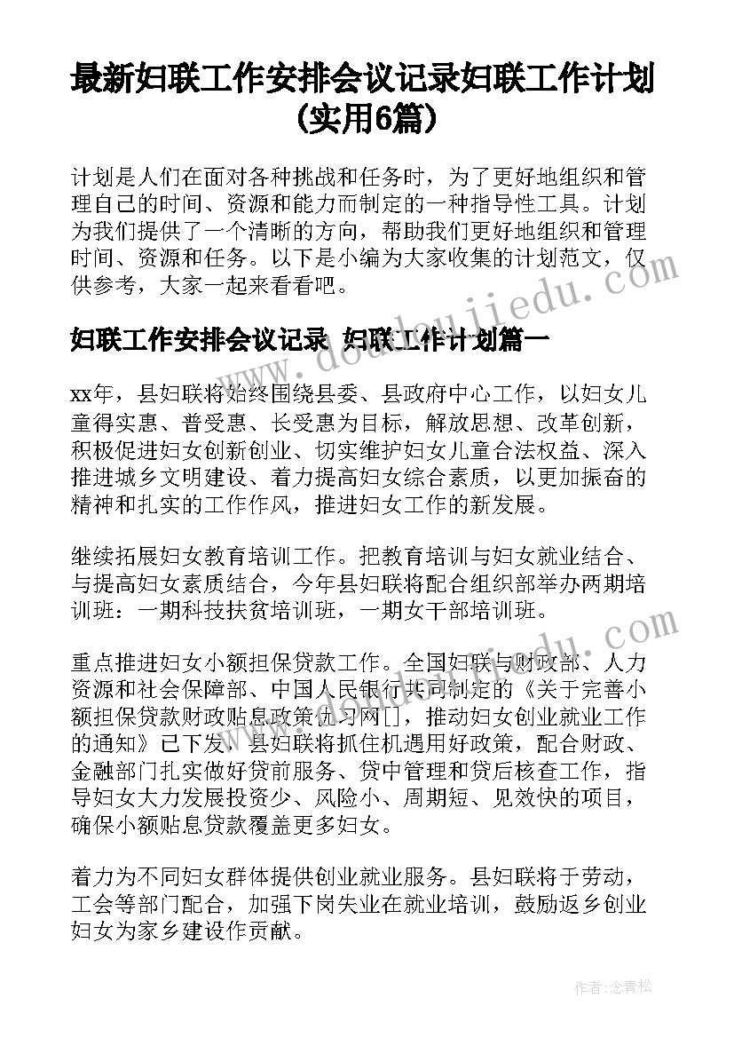 最新妇联工作安排会议记录 妇联工作计划(实用6篇)