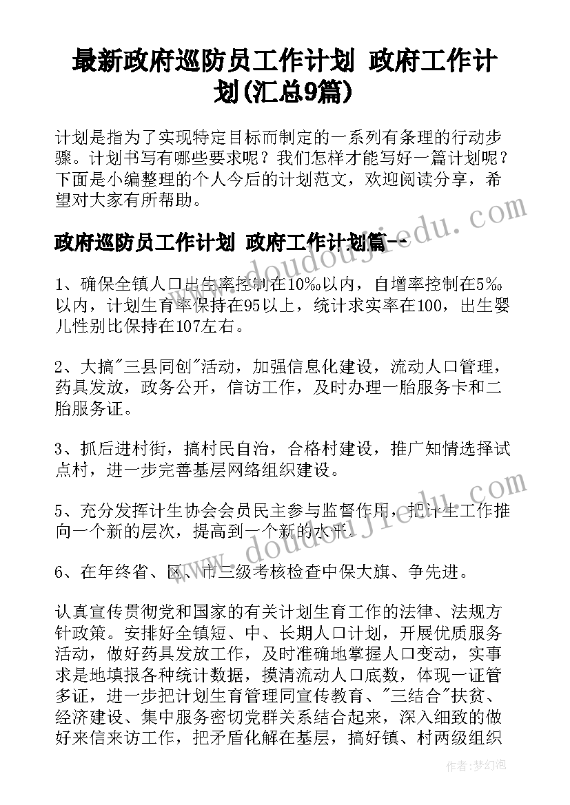 最新政府巡防员工作计划 政府工作计划(汇总9篇)