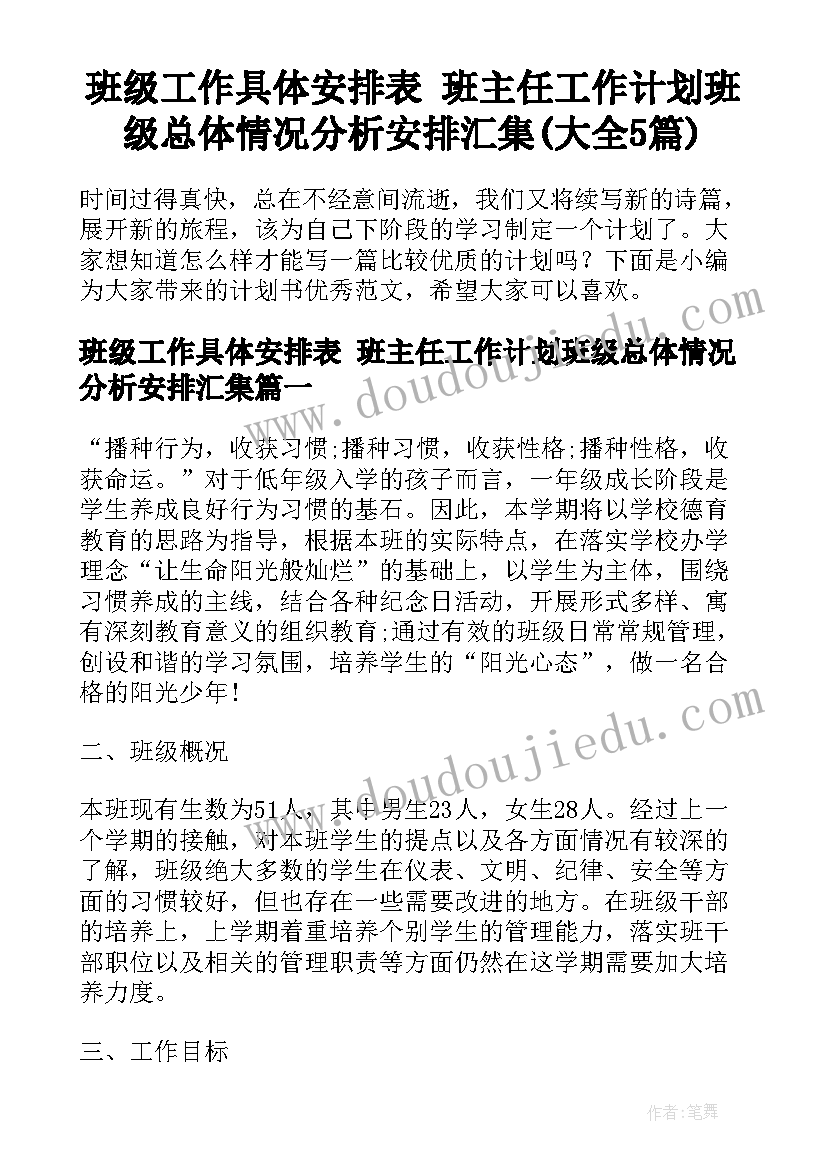 班级工作具体安排表 班主任工作计划班级总体情况分析安排汇集(大全5篇)