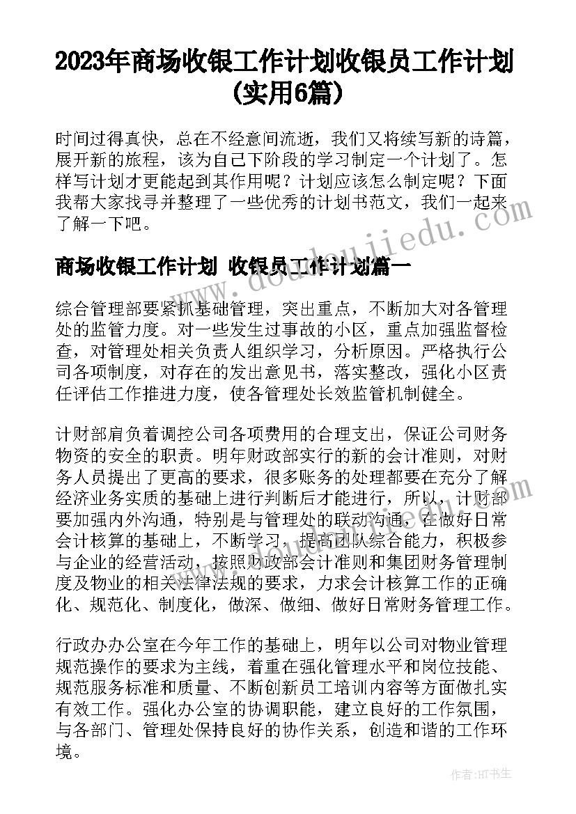 2023年商场收银工作计划 收银员工作计划(实用6篇)