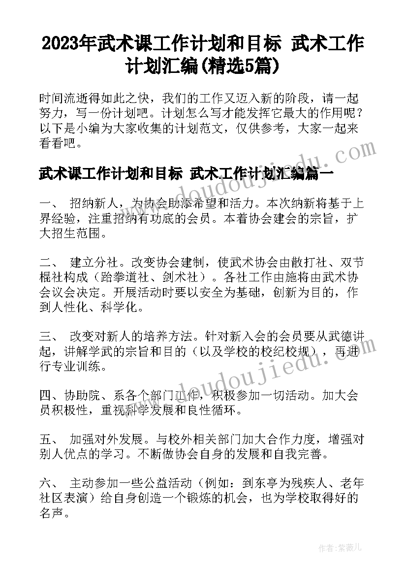 2023年武术课工作计划和目标 武术工作计划汇编(精选5篇)