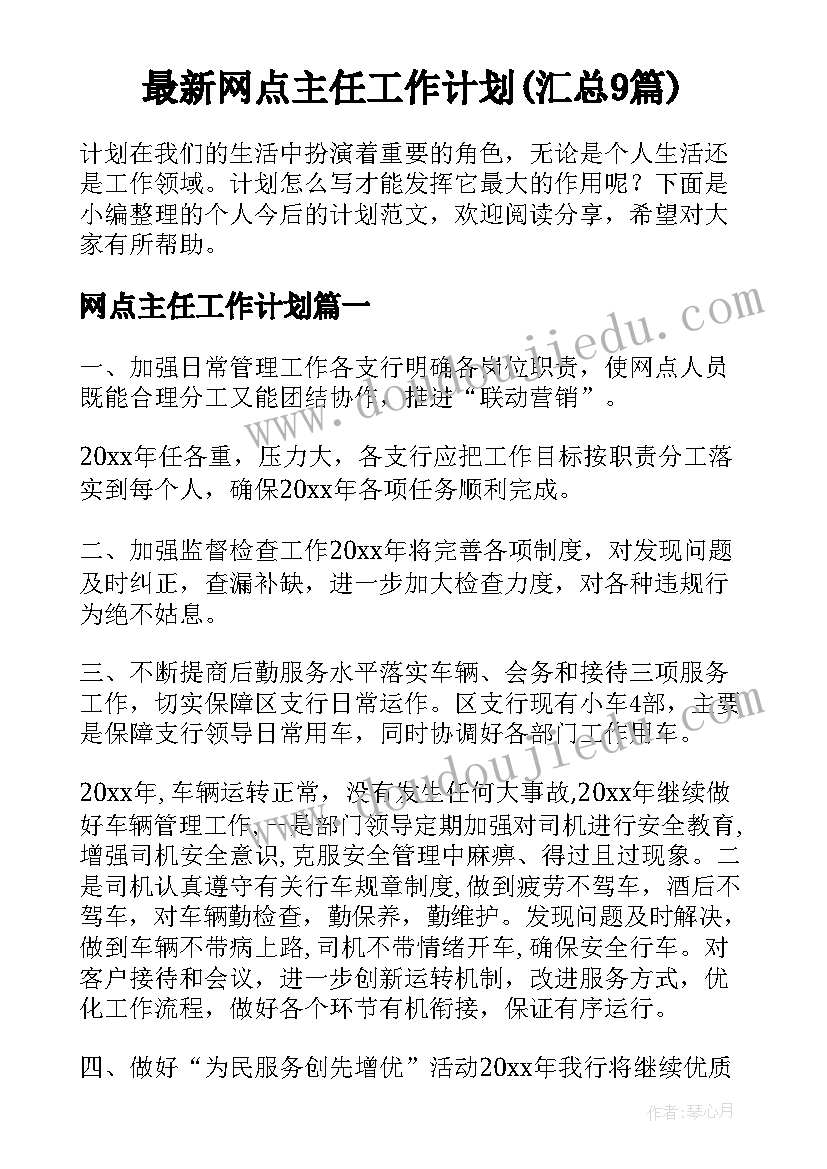 最新网点主任工作计划(汇总9篇)