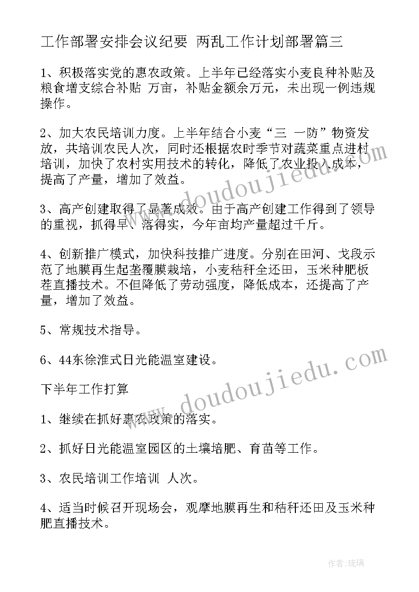 最新工作部署安排会议纪要 两乱工作计划部署(模板6篇)