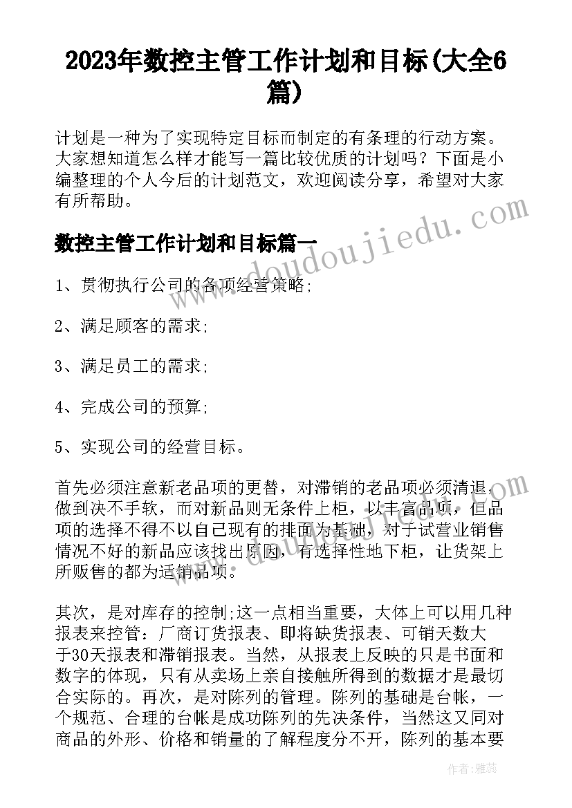 2023年数控主管工作计划和目标(大全6篇)