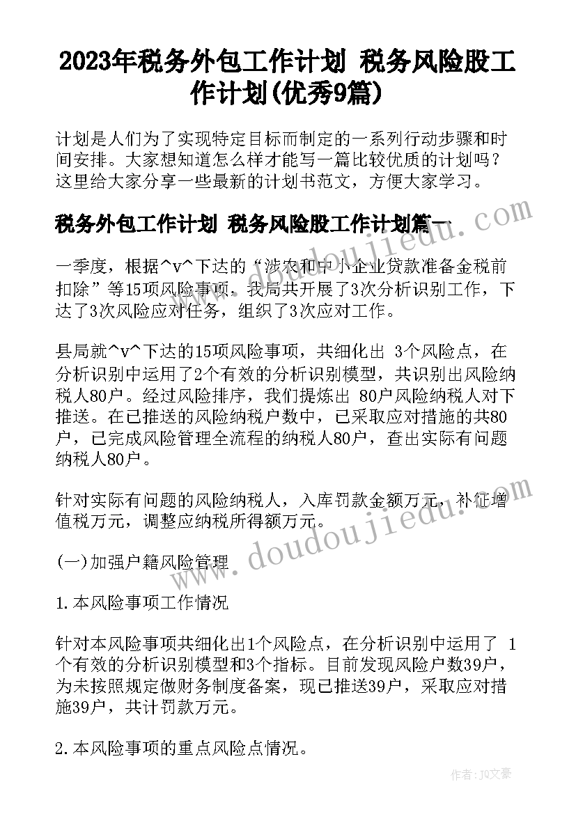 2023年税务外包工作计划 税务风险股工作计划(优秀9篇)