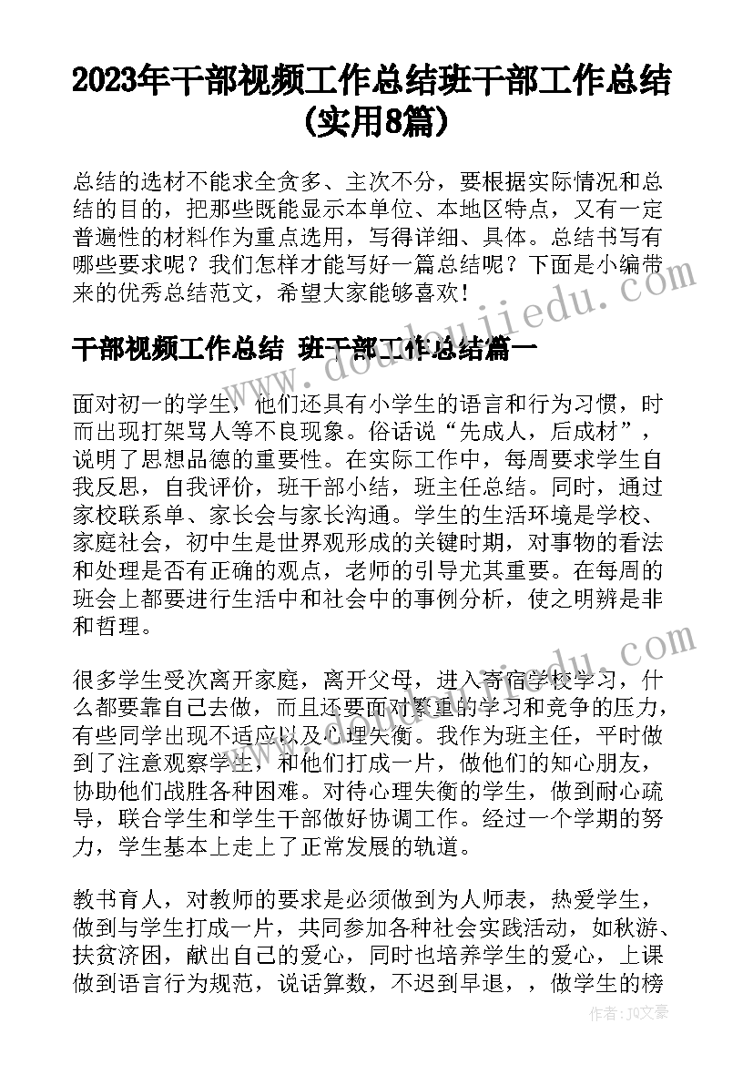 2023年干部视频工作总结 班干部工作总结(实用8篇)