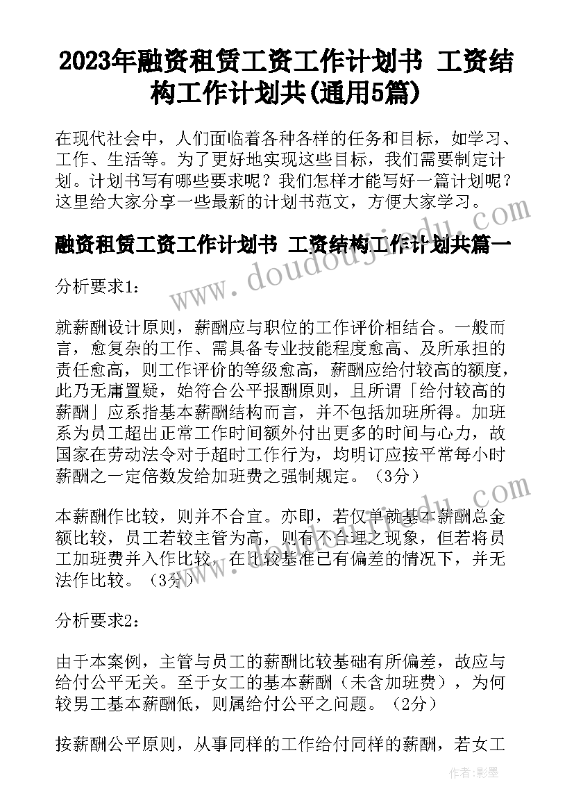 2023年融资租赁工资工作计划书 工资结构工作计划共(通用5篇)