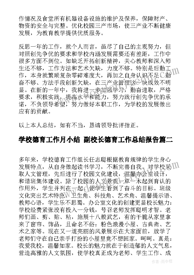 2023年学校德育工作月小结 副校长德育工作总结报告(通用6篇)