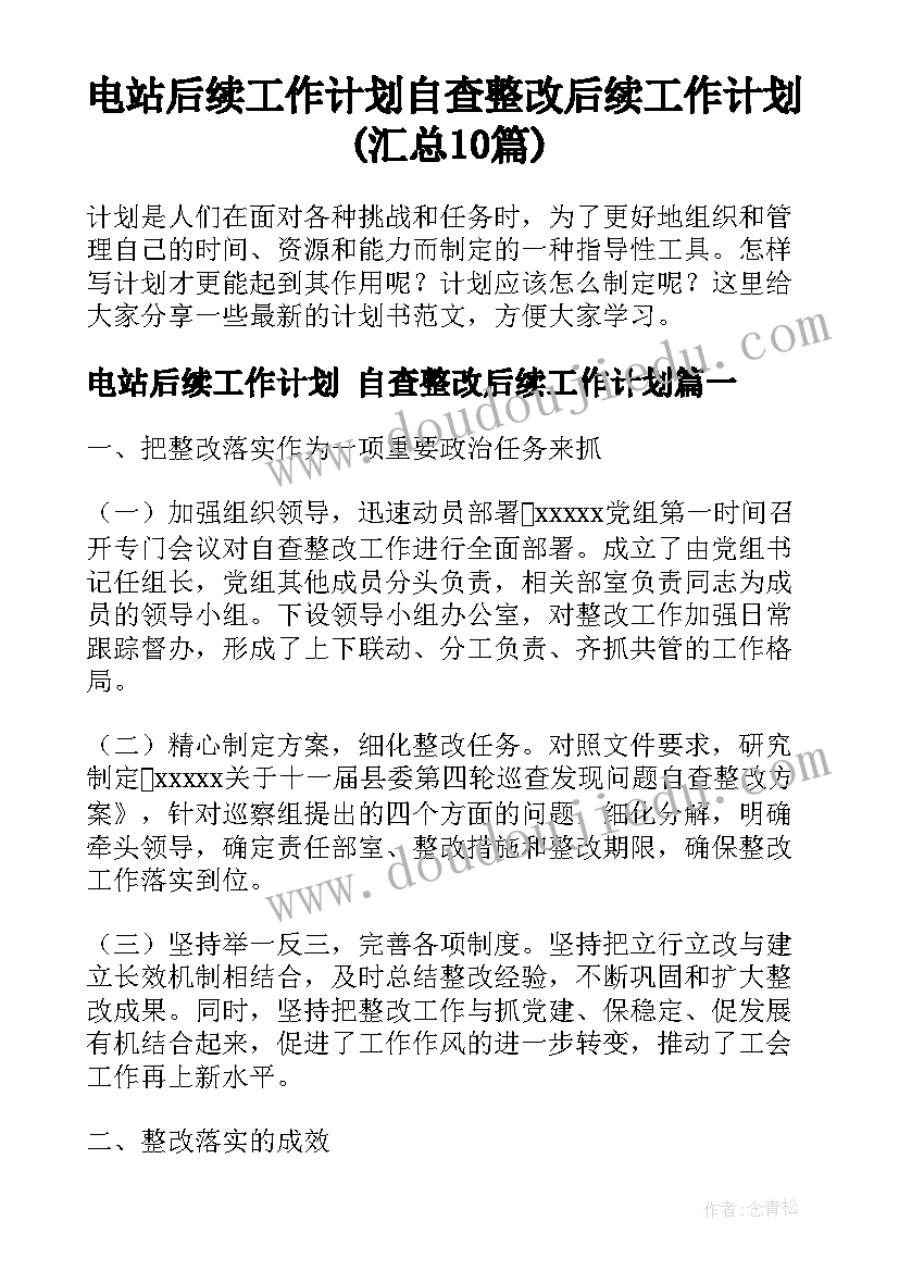 电站后续工作计划 自查整改后续工作计划(汇总10篇)