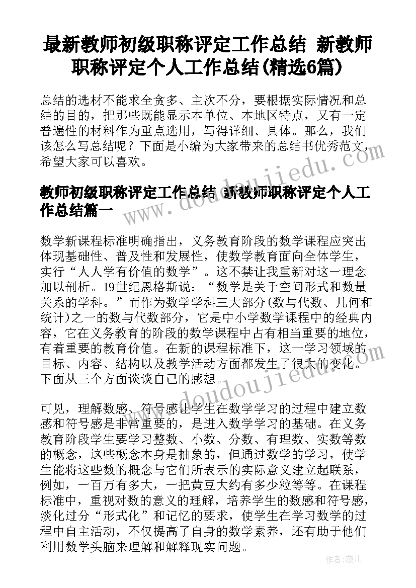 最新教师初级职称评定工作总结 新教师职称评定个人工作总结(精选6篇)