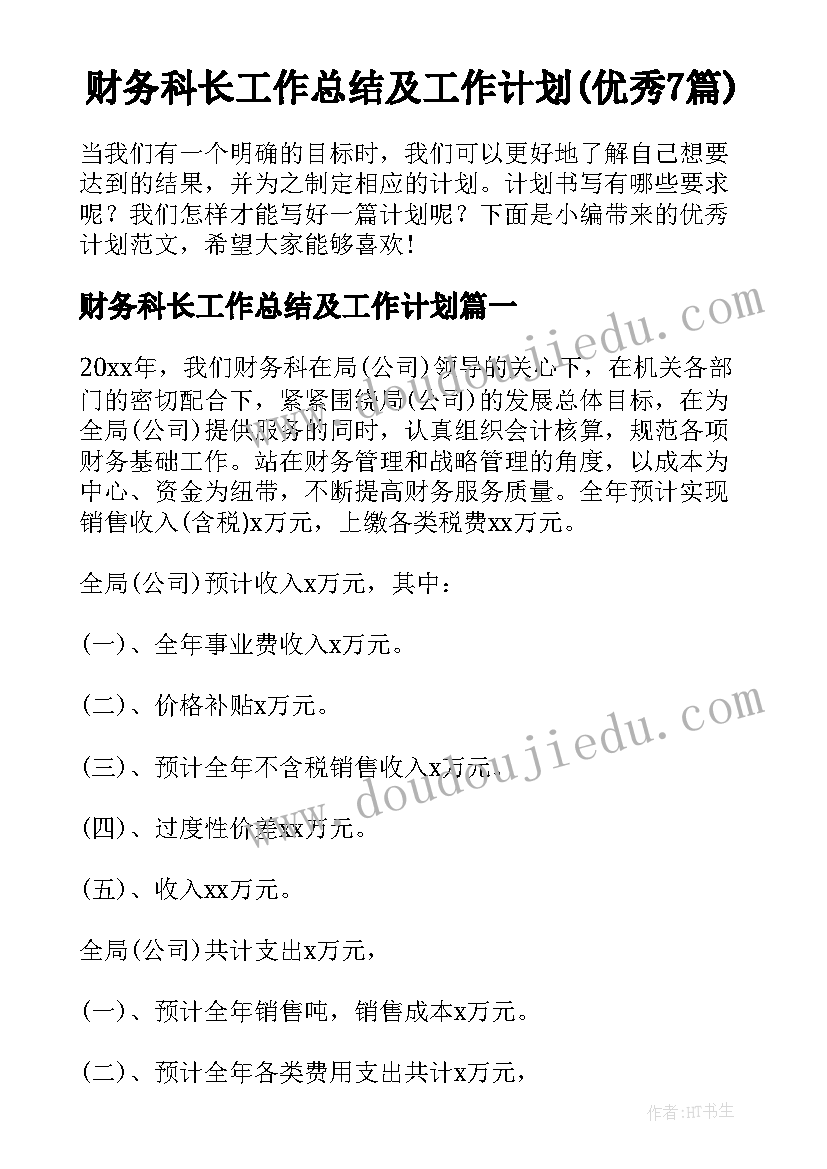 财务科长工作总结及工作计划(优秀7篇)