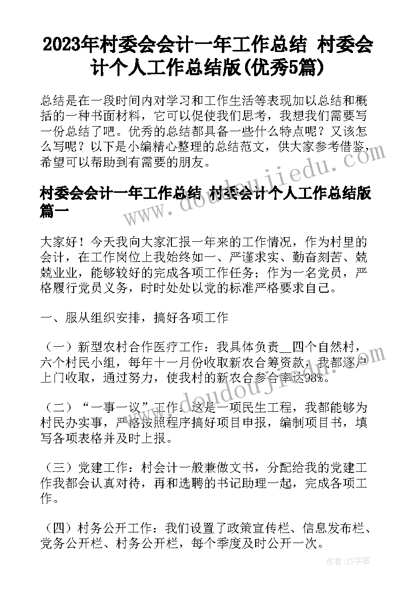 2023年村委会会计一年工作总结 村委会计个人工作总结版(优秀5篇)