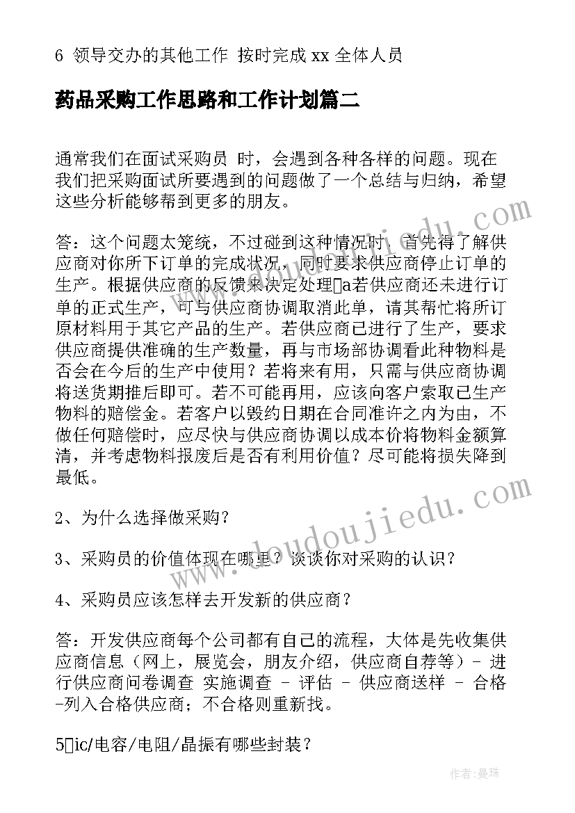 药品采购工作思路和工作计划(精选6篇)