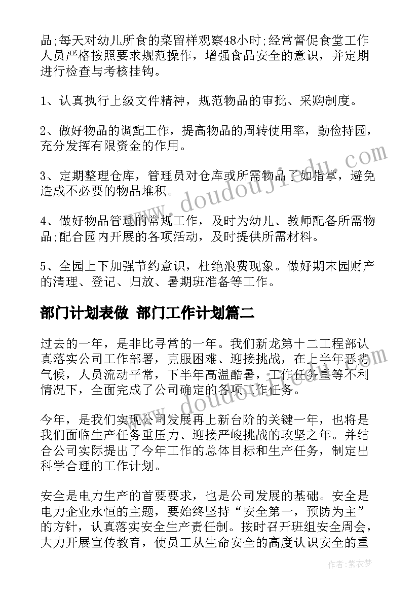 部门计划表做 部门工作计划(大全7篇)