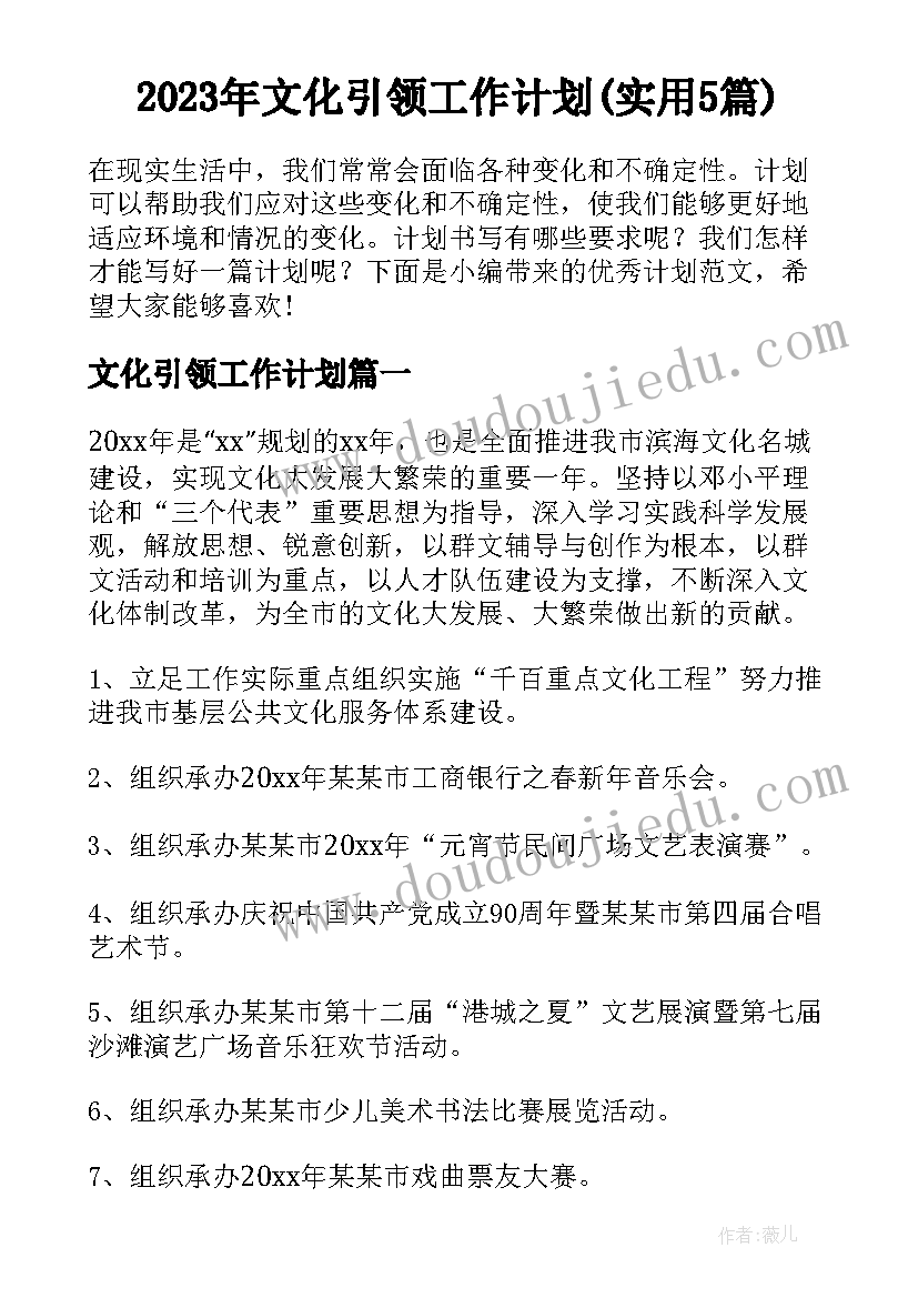 2023年文化引领工作计划(实用5篇)