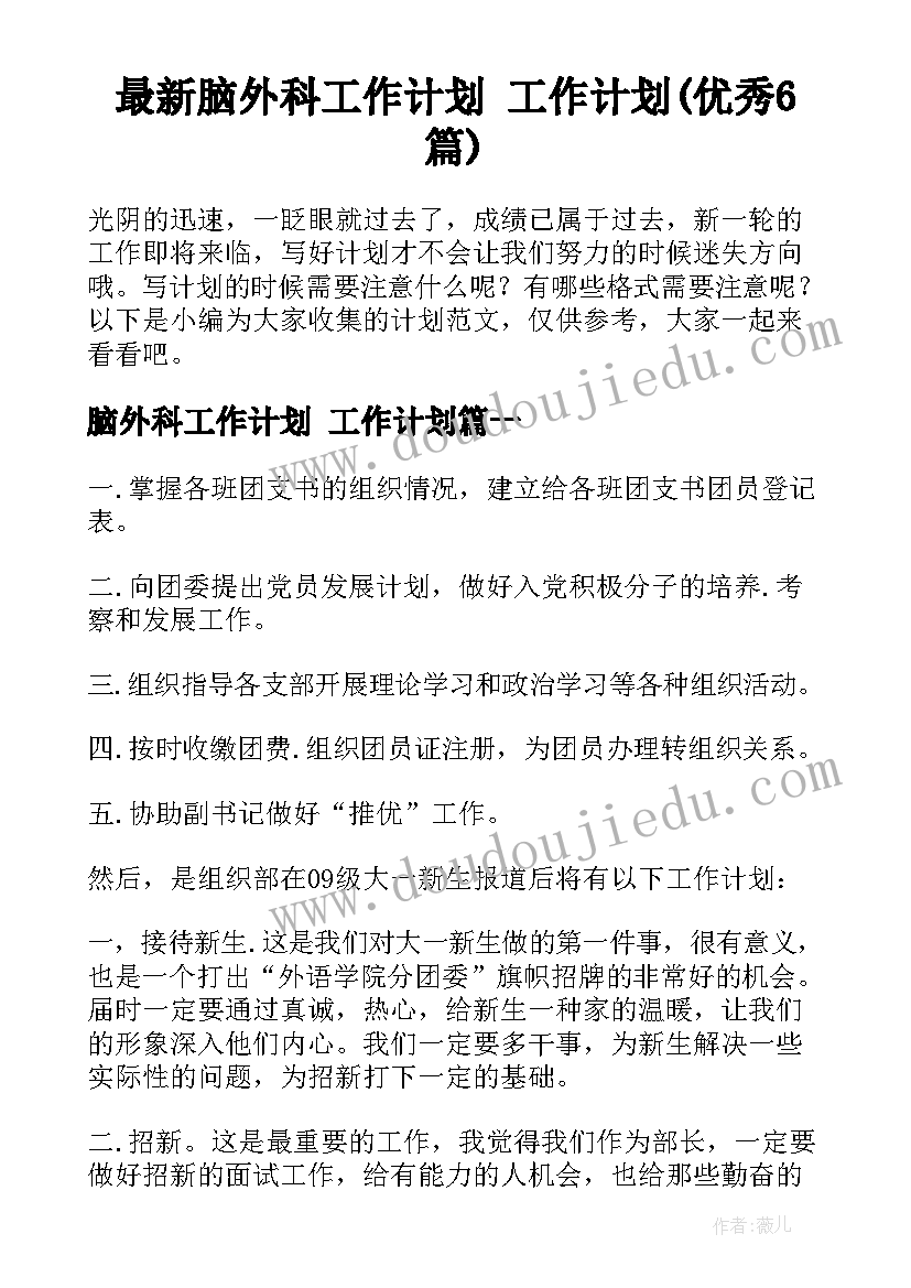 最新脑外科工作计划 工作计划(优秀6篇)