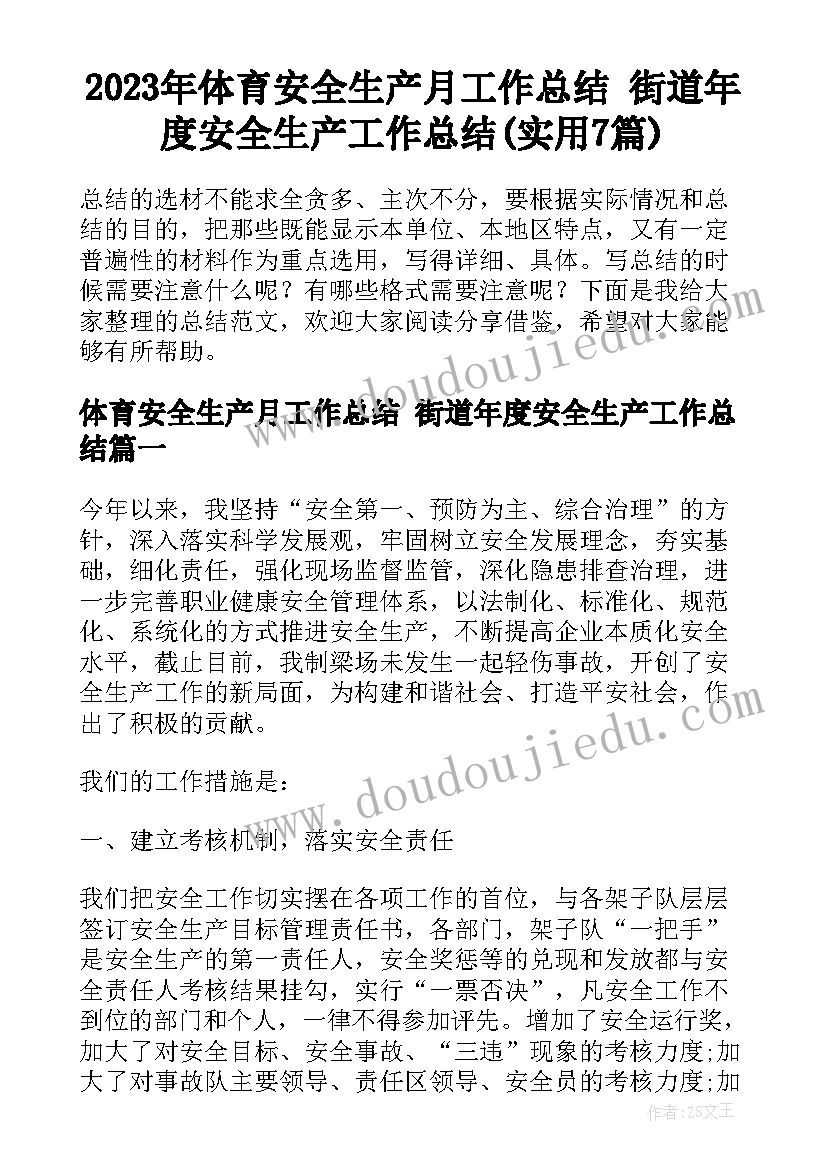 2023年体育安全生产月工作总结 街道年度安全生产工作总结(实用7篇)