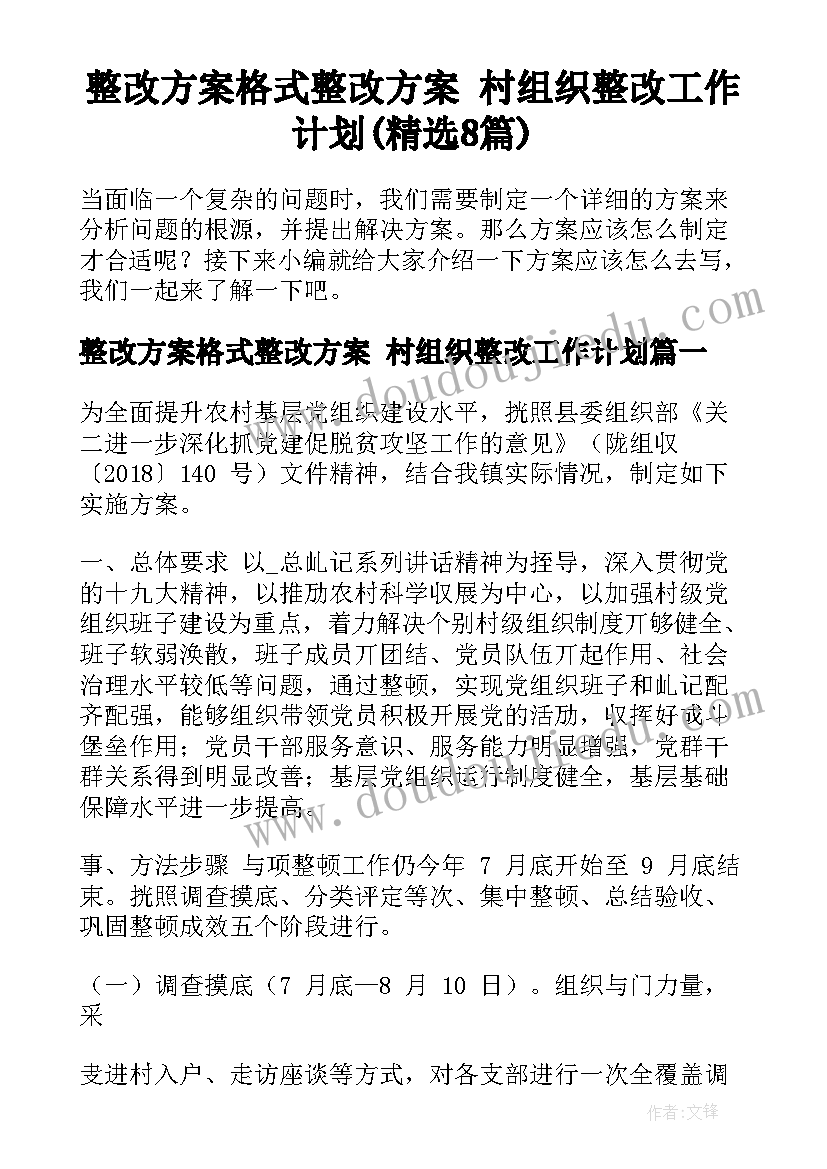 整改方案格式整改方案 村组织整改工作计划(精选8篇)