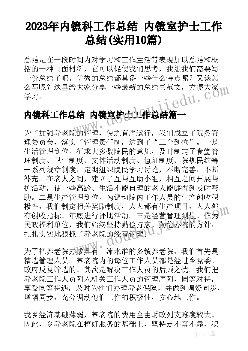 2023年内镜科工作总结 内镜室护士工作总结(实用10篇)