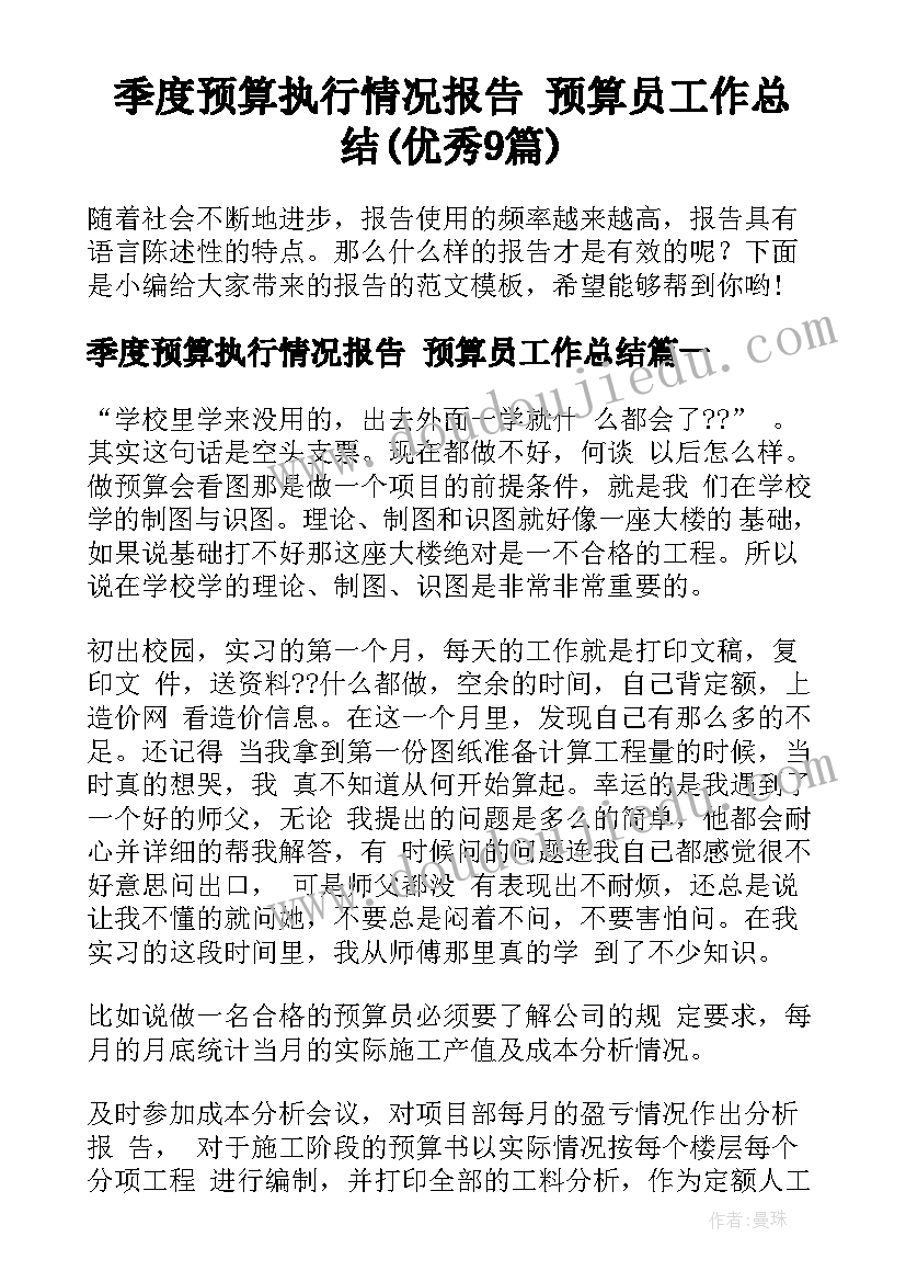 季度预算执行情况报告 预算员工作总结(优秀9篇)