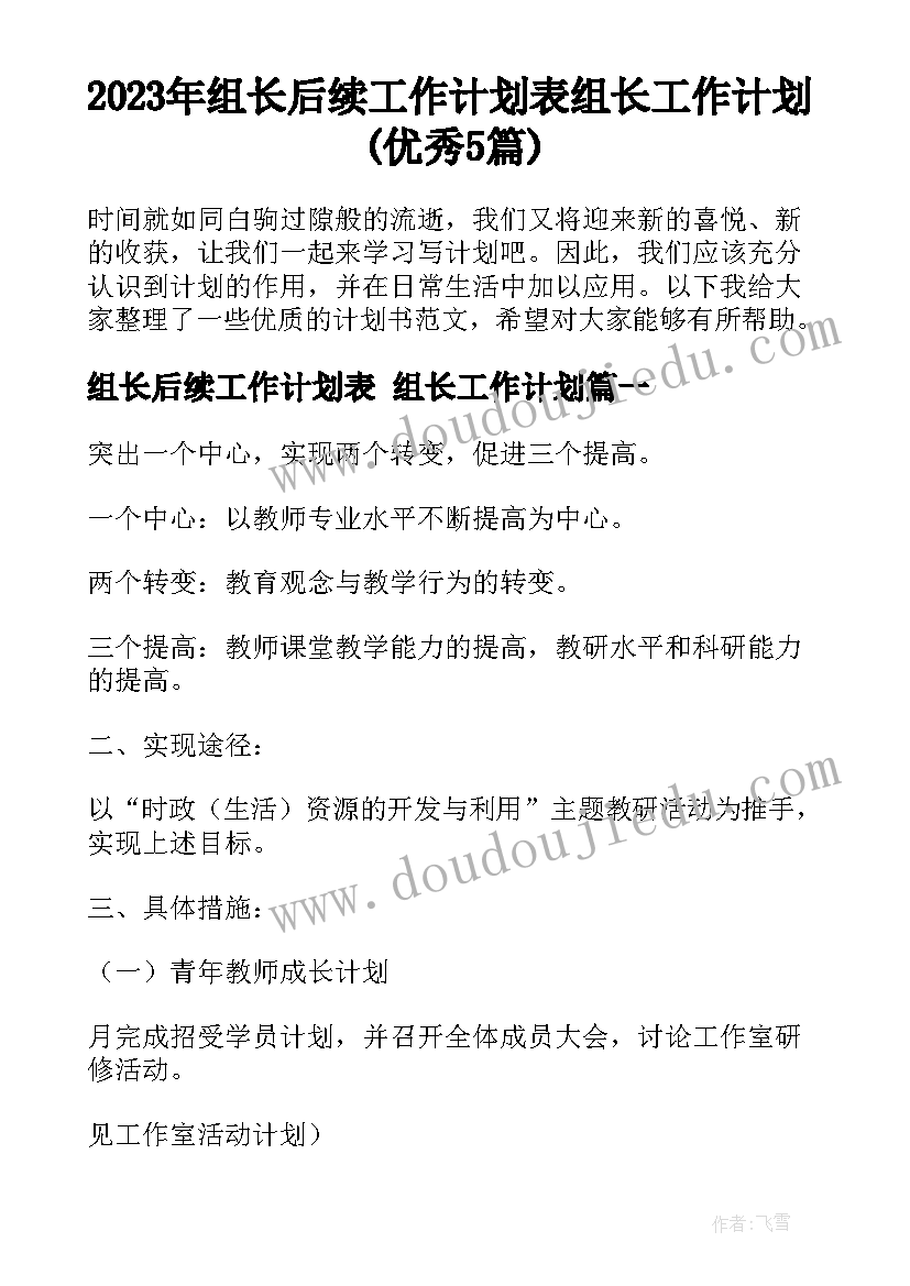 2023年组长后续工作计划表 组长工作计划(优秀5篇)