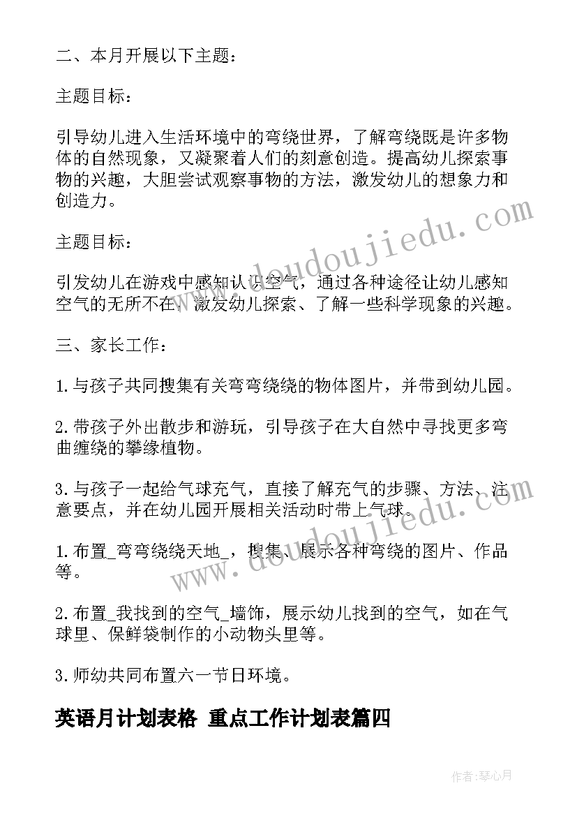 最新英语月计划表格 重点工作计划表(优秀9篇)