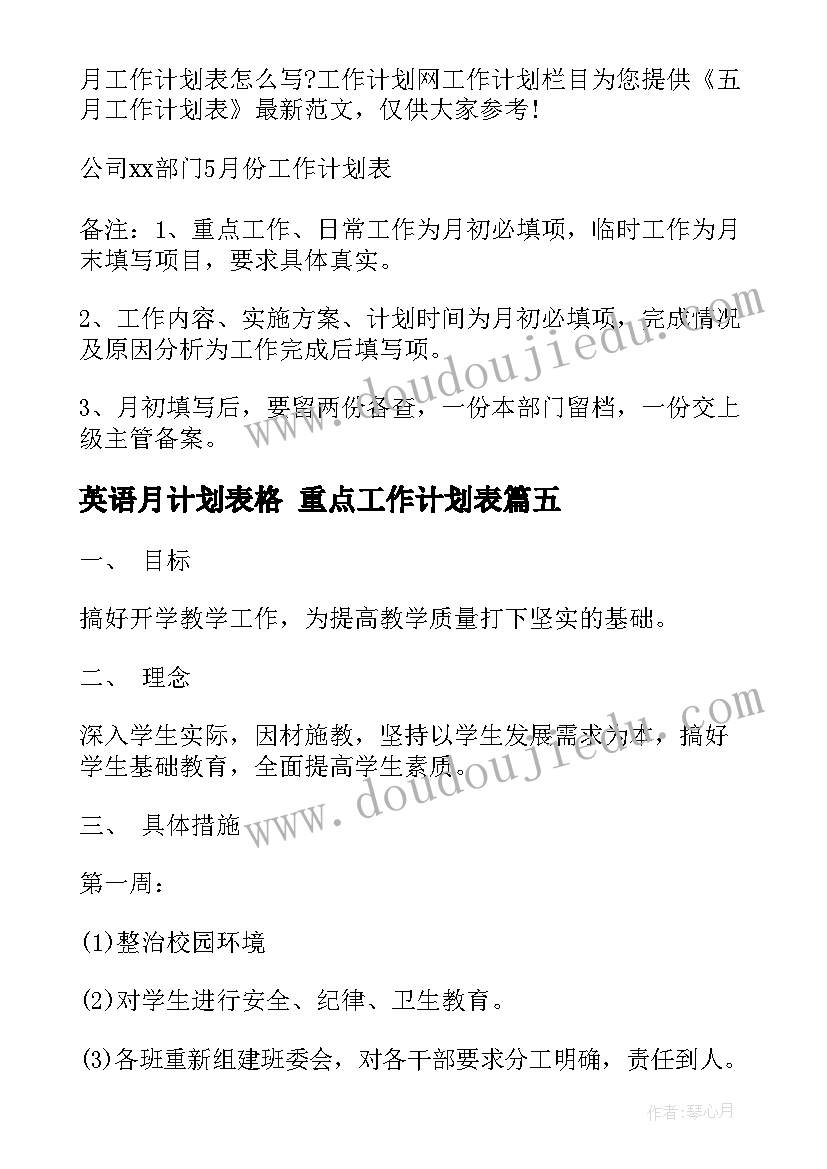 最新英语月计划表格 重点工作计划表(优秀9篇)