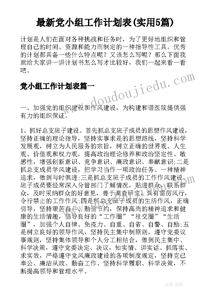 最新党小组工作计划表(实用5篇)