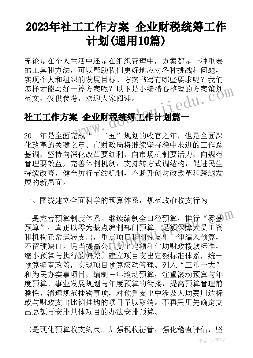 2023年社工工作方案 企业财税统筹工作计划(通用10篇)