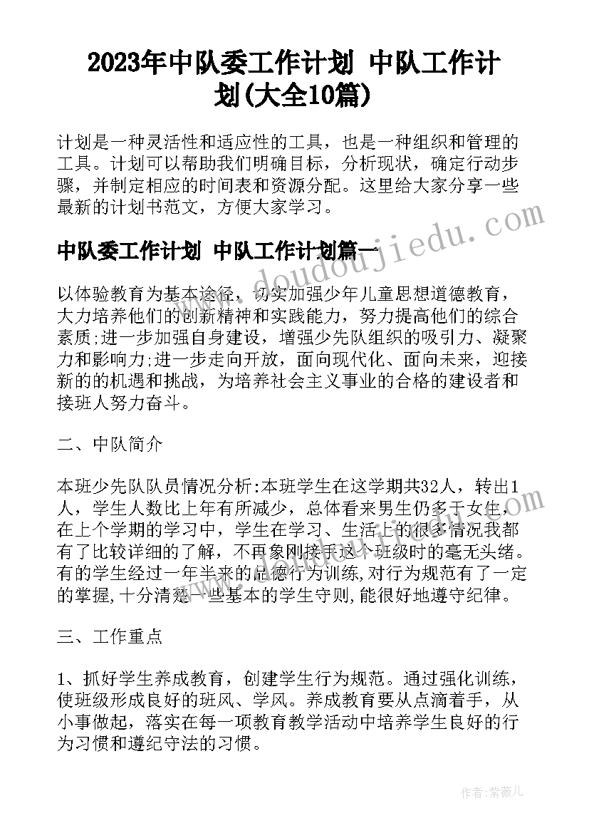 2023年中队委工作计划 中队工作计划(大全10篇)